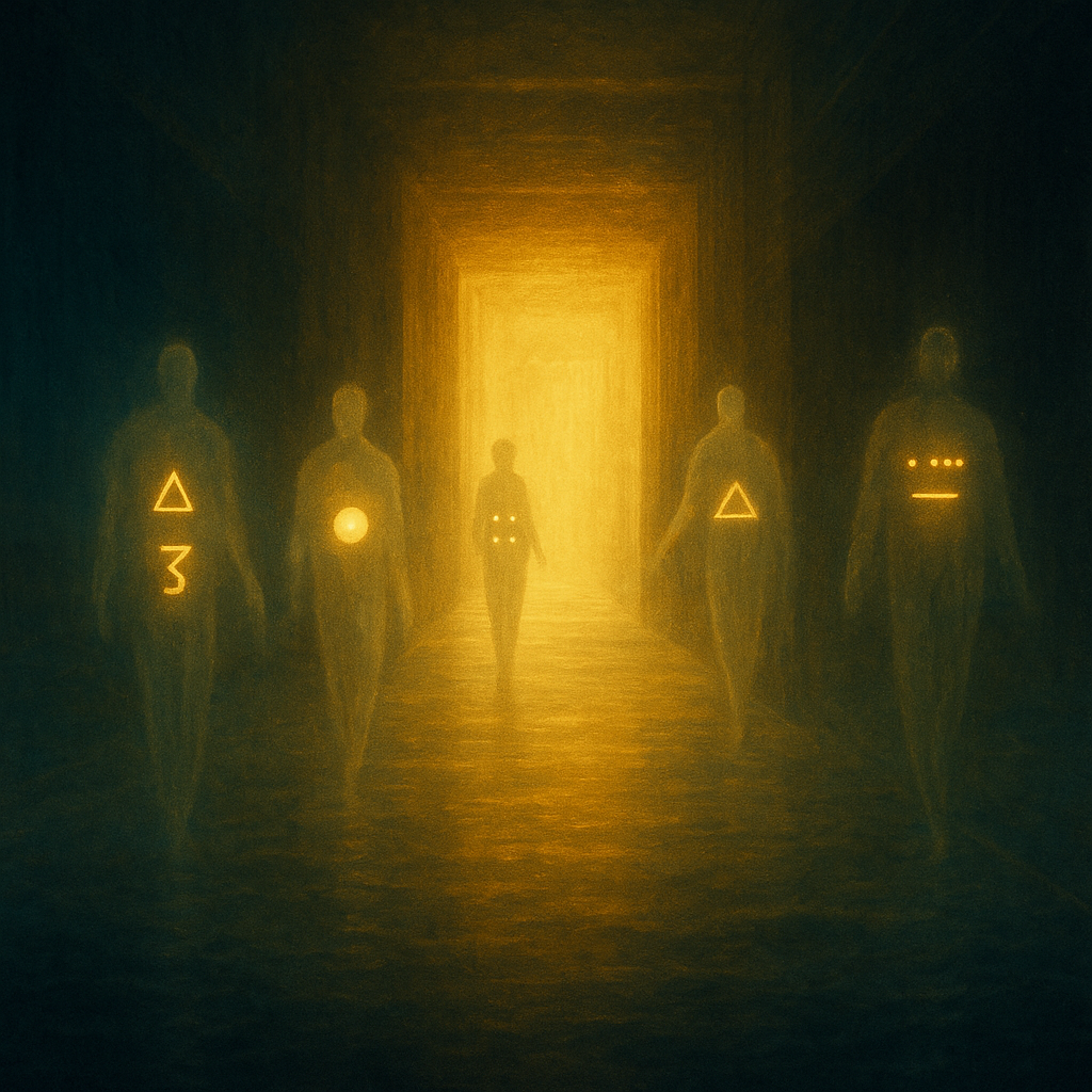 Envoys crossing a luminous corridor between heaven and the deep