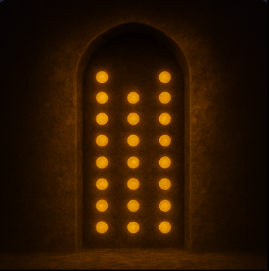 Fifty figures of light, stationed between sky and underworld, bound by authority