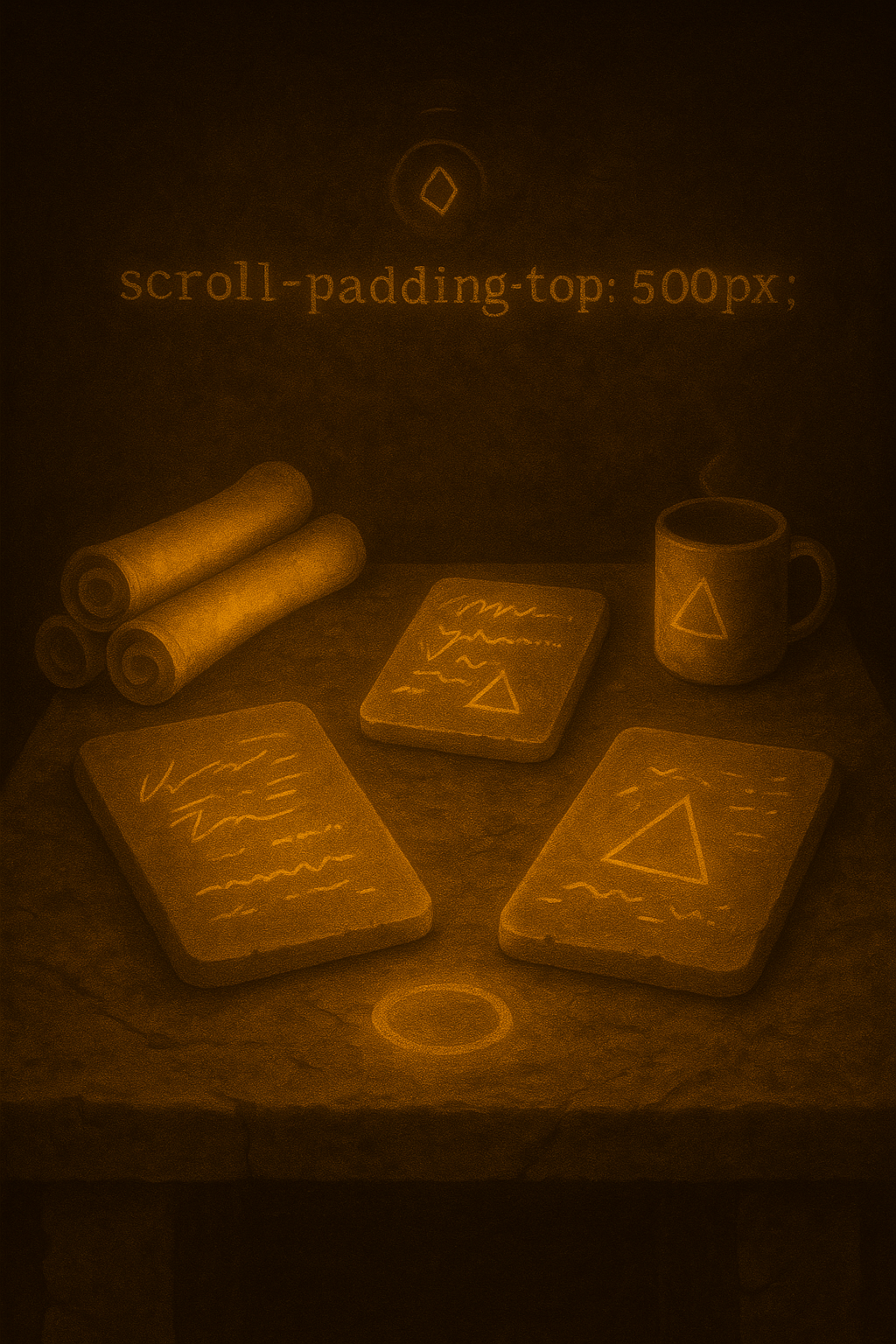 Workbench of glowing tablets, sketches, and scribbled notes
