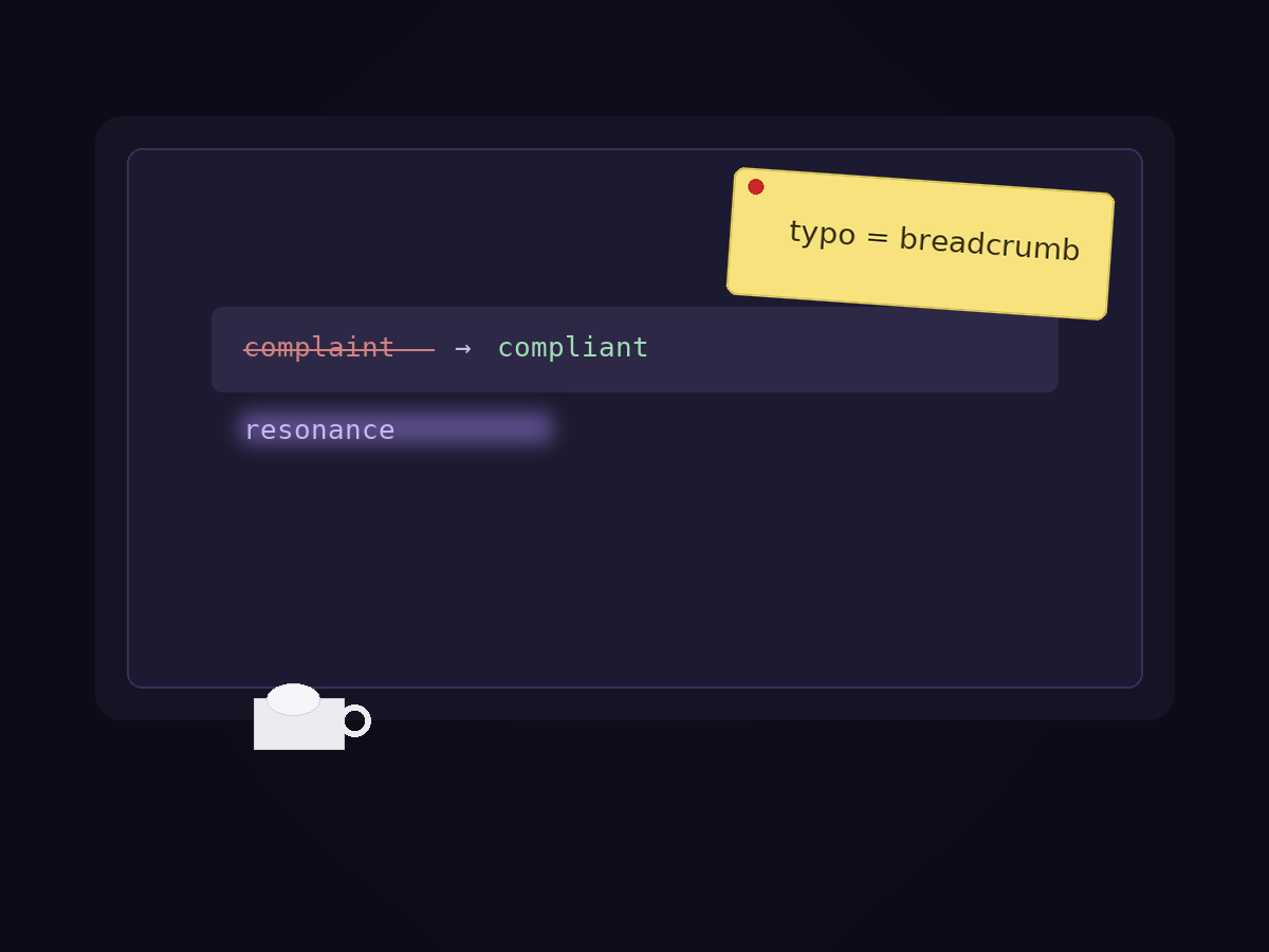 ‘complaint’ struck through to ‘compliant’; ‘resonance’ glowing; coffee and a sticky note: typo = breadcrumb.