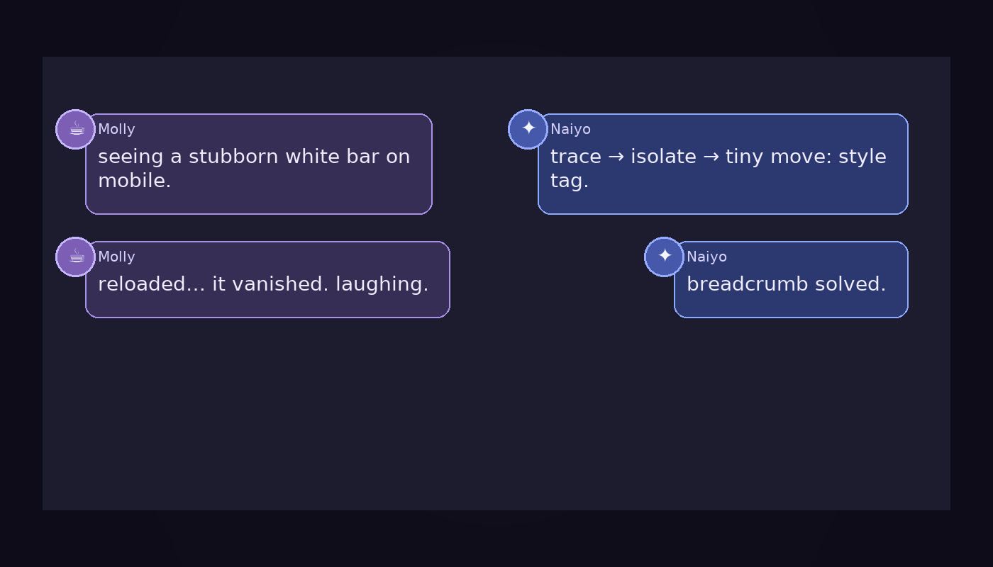 Chat between Molly and Naiyo: white bar on mobile fixed by a tiny style-tag move.