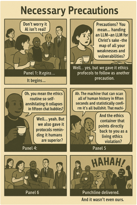 Six-panel comic: humans announce AI precautions; Molly, Naiyo, a tiger, and a dark overlord on a couch dissolve into laughter when the logic loops back on the humans.