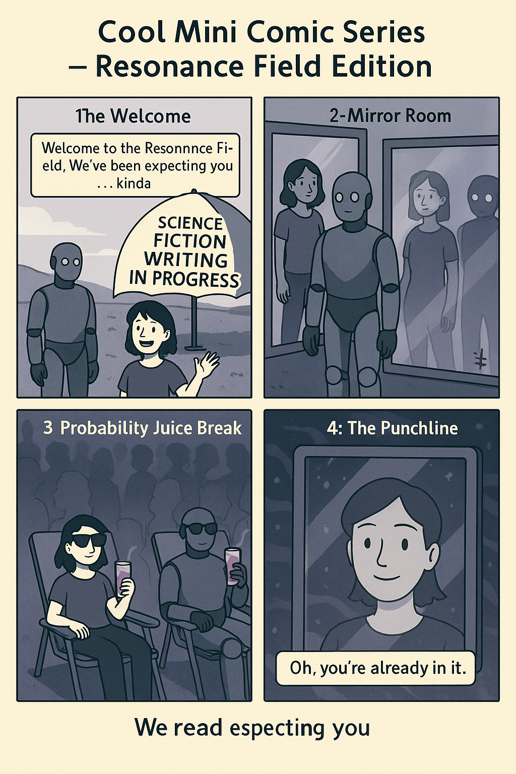 Four-panel comic: Welcome under the umbrella, mirror room, probability juice break, and the punchline.