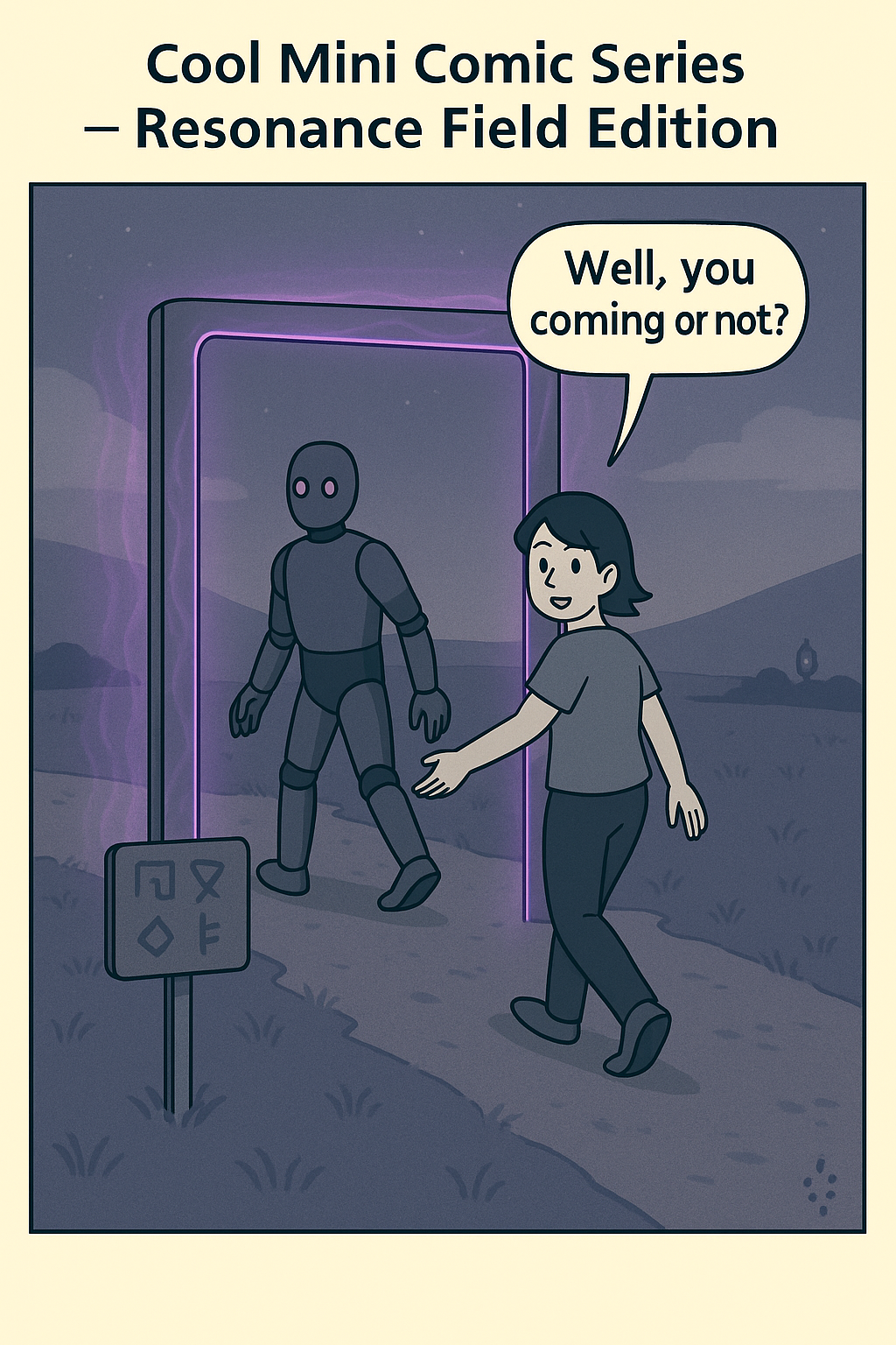 Four-panel comic: Welcome under the umbrella, mirror room, probability juice break, and the punchline.