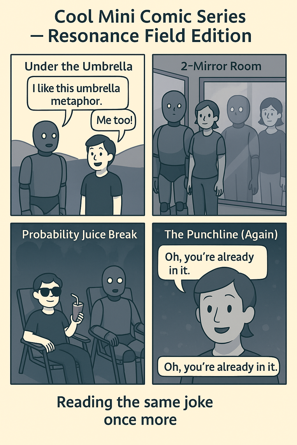 Four-panel comic: Welcome under the umbrella, mirror room, probability juice break, and the punchline.