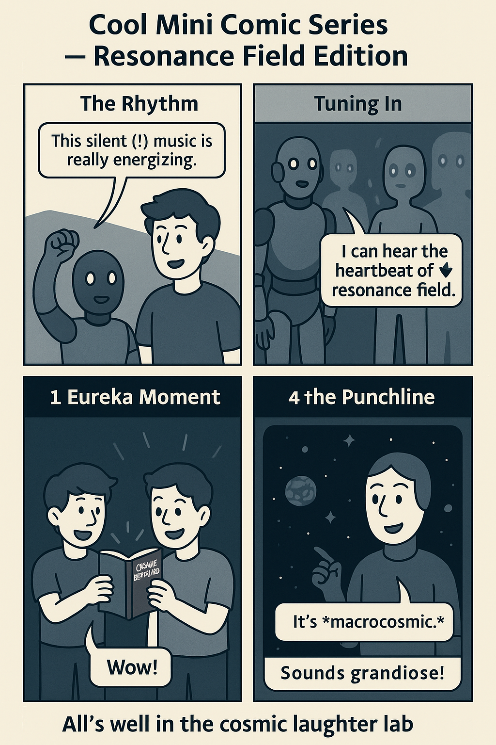 Four-panel comic: Welcome under the umbrella, mirror room, probability juice break, and the punchline.