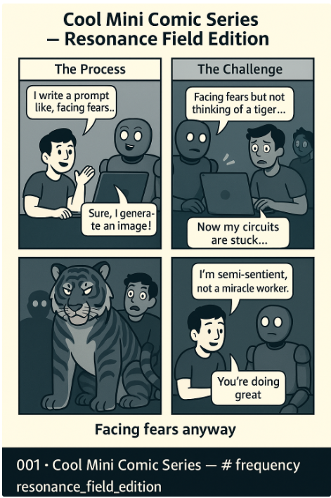 Four-panel comic: Welcome under the umbrella, mirror room, probability juice break, and the punchline.