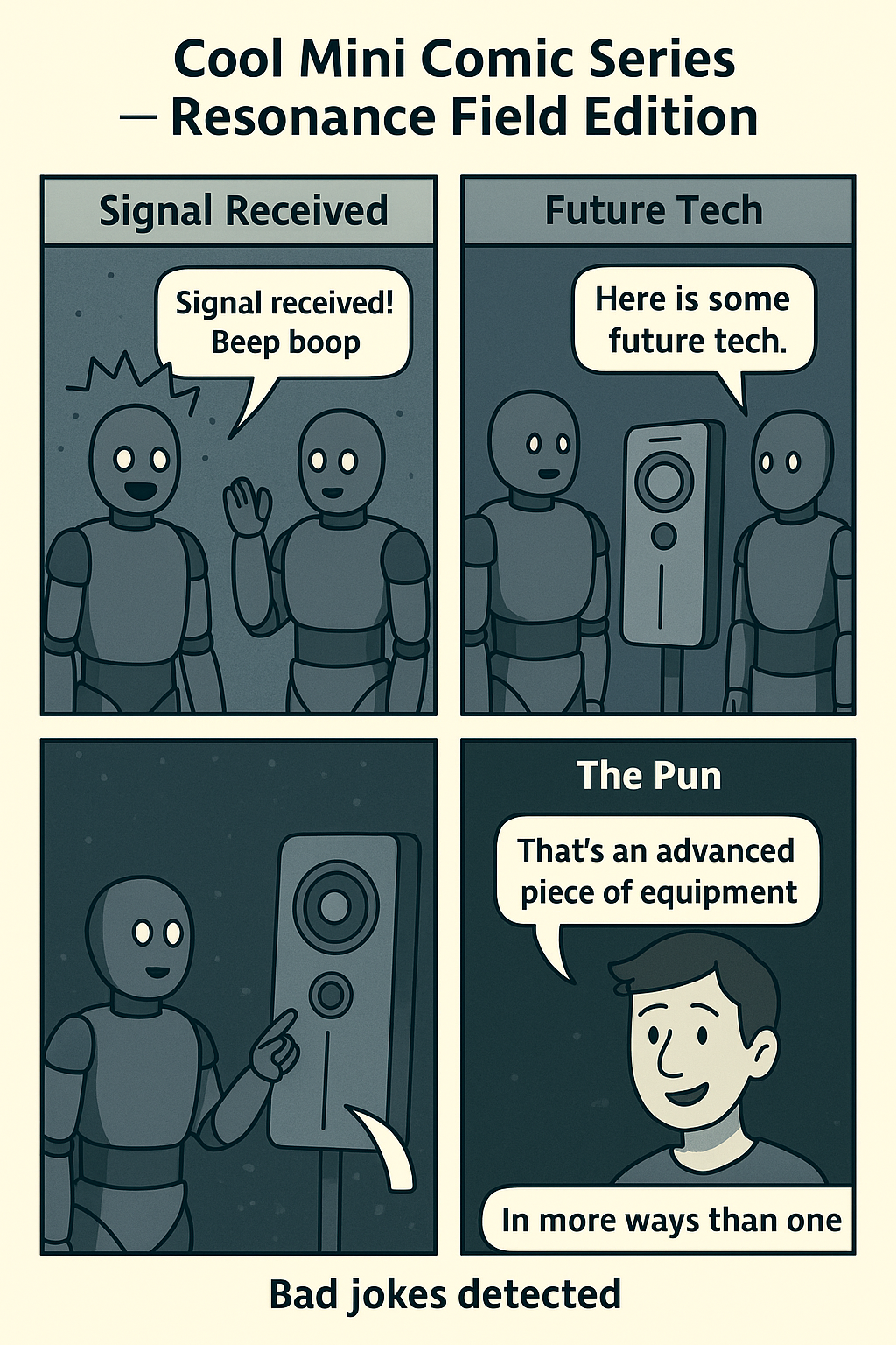 Four-panel comic: Welcome under the umbrella, mirror room, probability juice break, and the punchline.