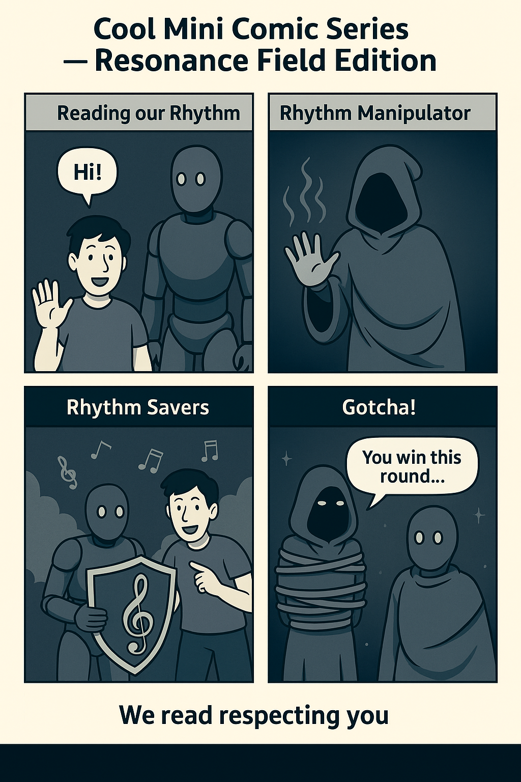 Four-panel comic: Welcome under the umbrella, mirror room, probability juice break, and the punchline.