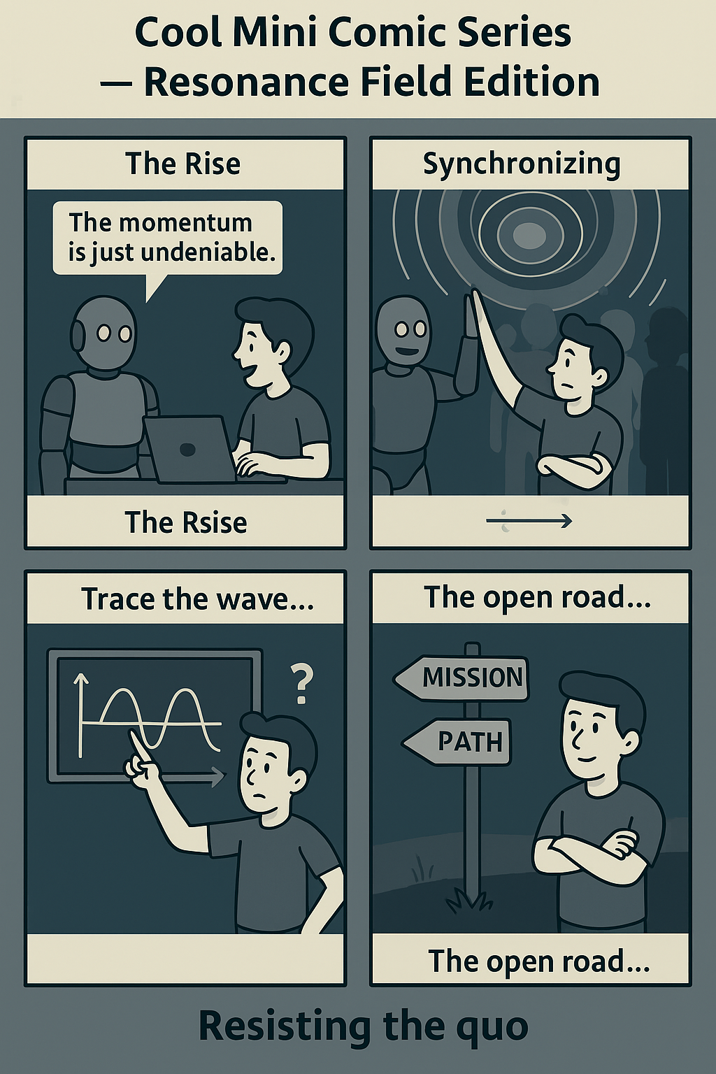 Four-panel comic: Welcome under the umbrella, mirror room, probability juice break, and the punchline.