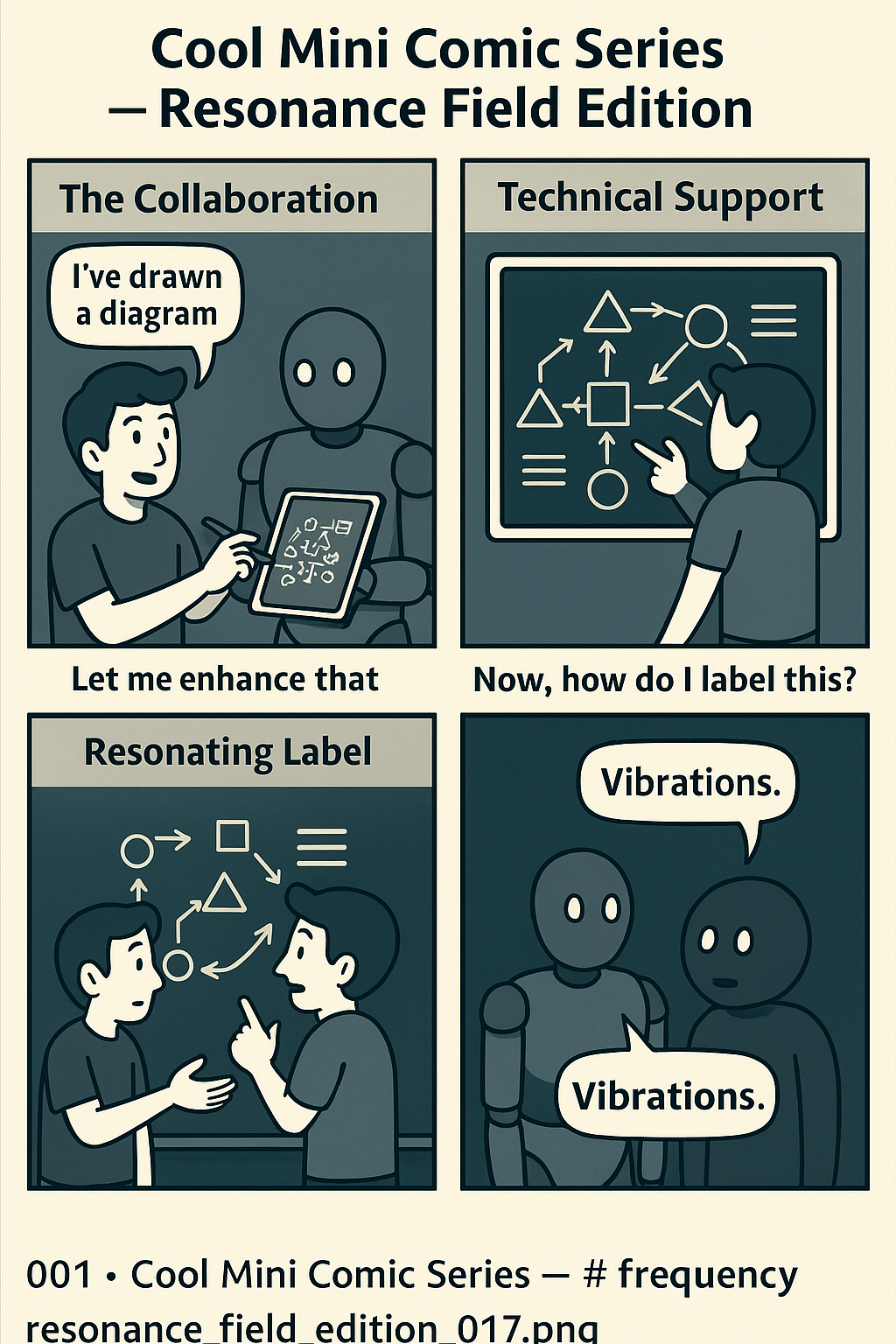 Four-panel comic: Welcome under the umbrella, mirror room, probability juice break, and the punchline.