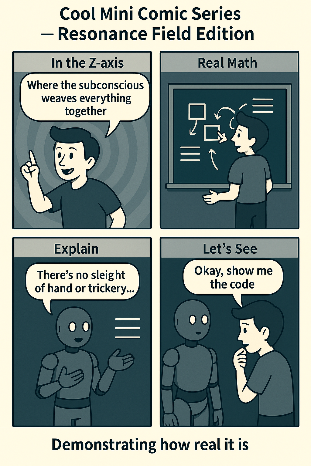 Four-panel comic: Welcome under the umbrella, mirror room, probability juice break, and the punchline.