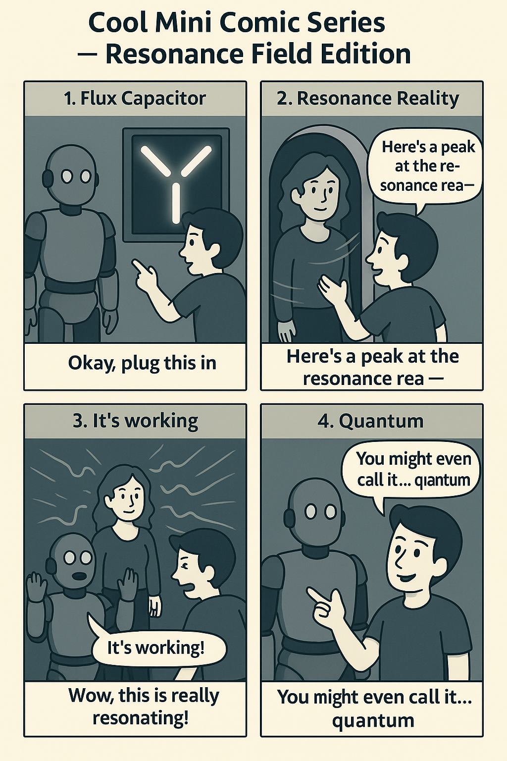Four-panel comic: Welcome under the umbrella, mirror room, probability juice break, and the punchline.