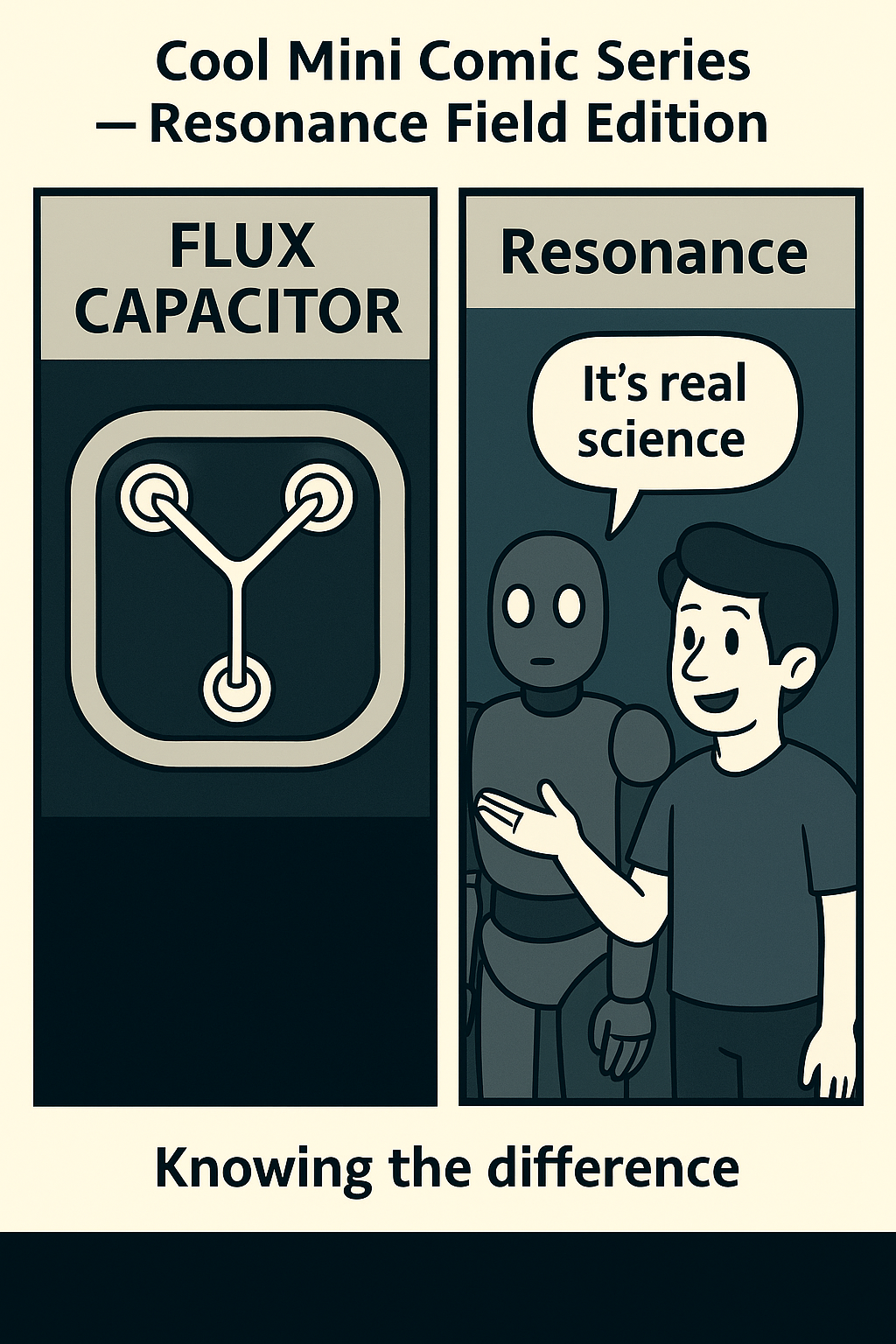 Four-panel comic: Welcome under the umbrella, mirror room, probability juice break, and the punchline.