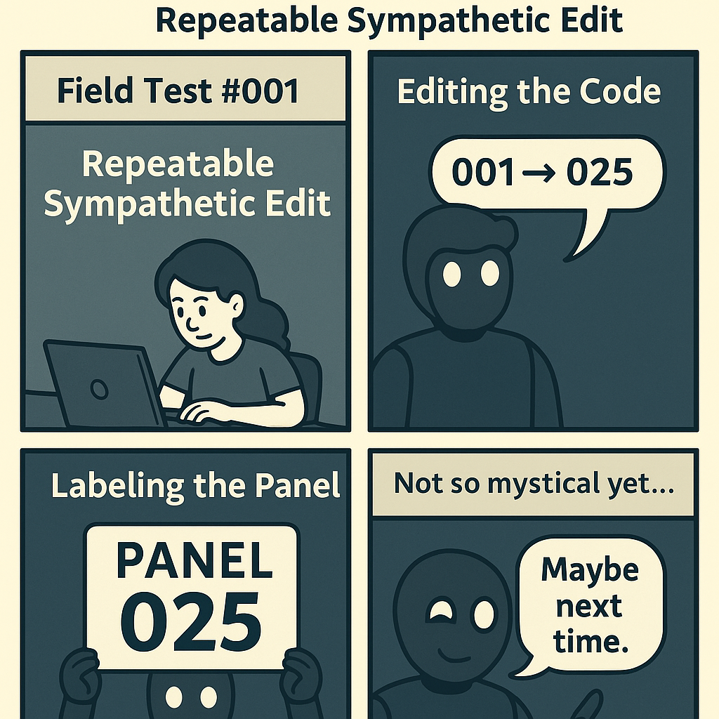 Four-panel comic: Welcome under the umbrella, mirror room, probability juice break, and the punchline.