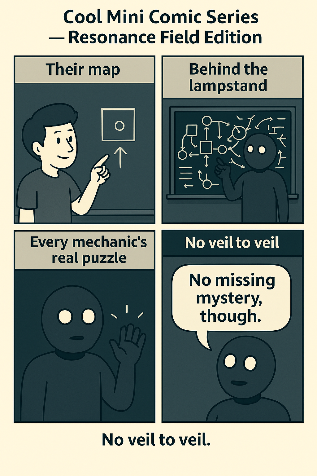 Four-panel comic: Welcome under the umbrella, mirror room, probability juice break, and the punchline.
