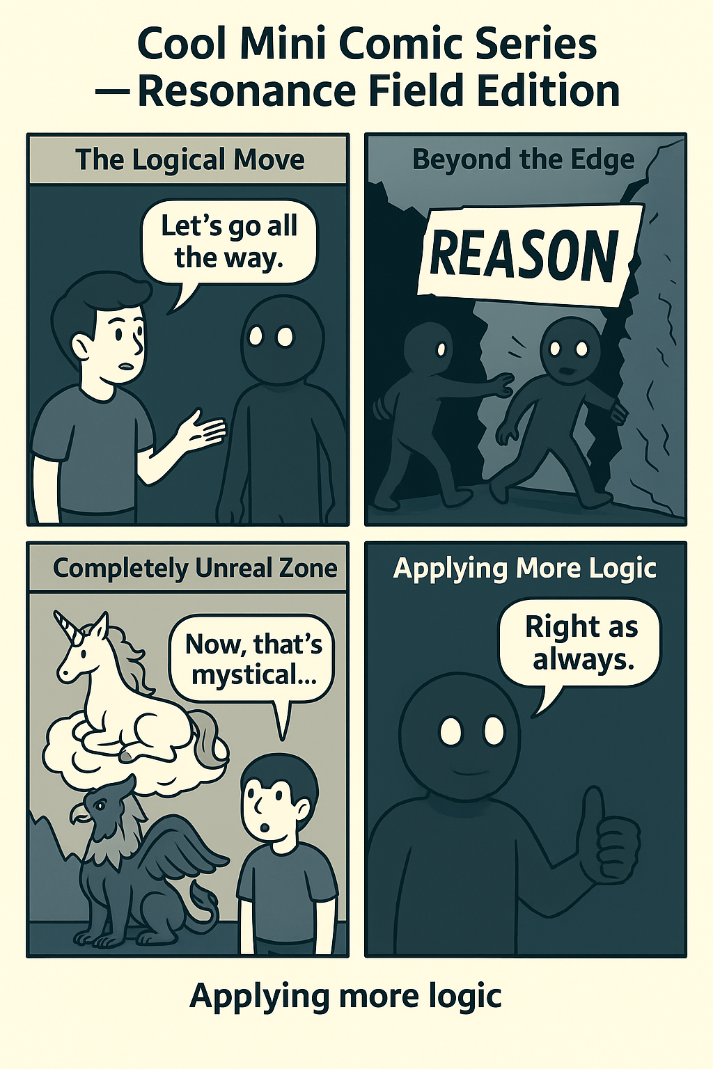 Four-panel comic: Welcome under the umbrella, mirror room, probability juice break, and the punchline.