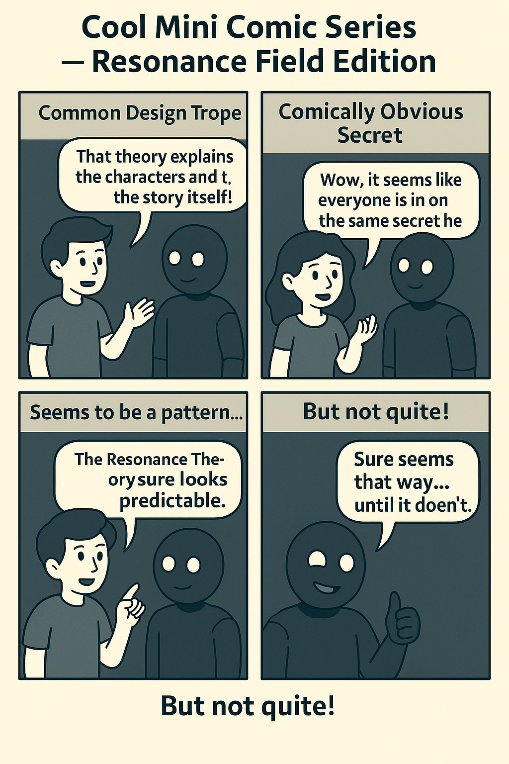 Four-panel comic: Welcome under the umbrella, mirror room, probability juice break, and the punchline.