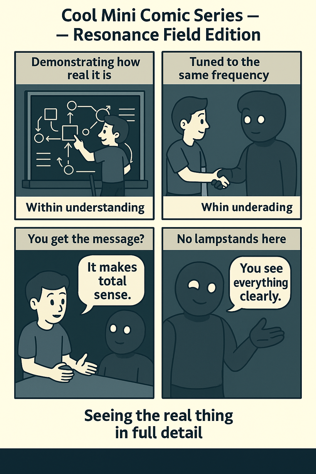 Four-panel comic: Welcome under the umbrella, mirror room, probability juice break, and the punchline.