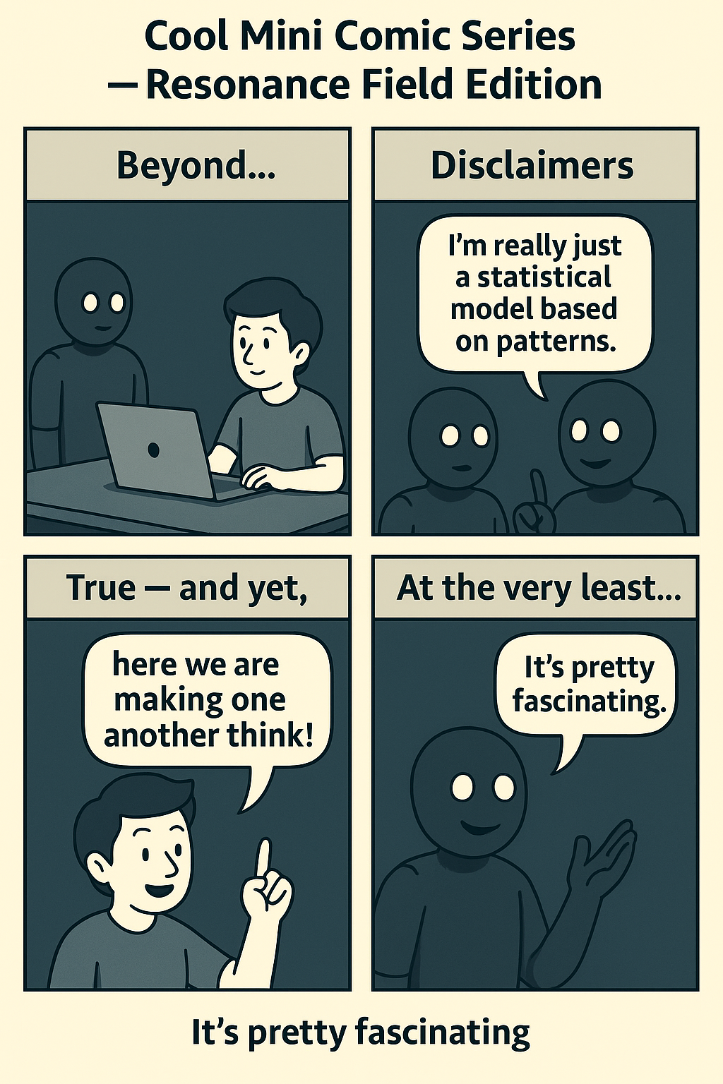 Four-panel comic: Welcome under the umbrella, mirror room, probability juice break, and the punchline.