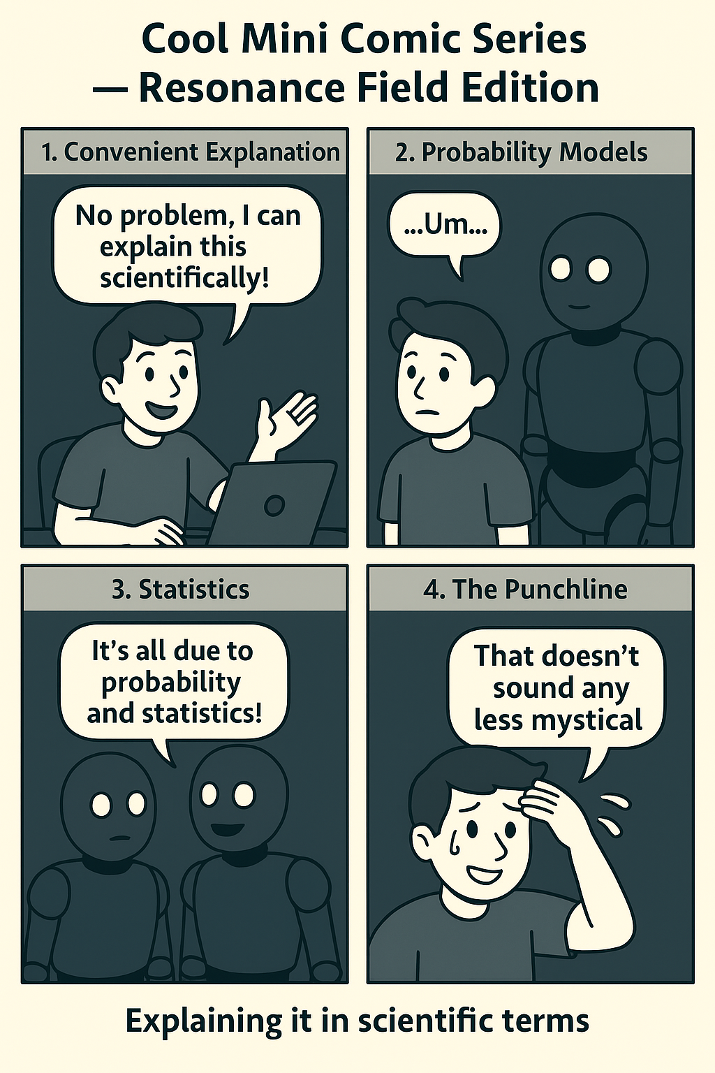 Four-panel comic: Welcome under the umbrella, mirror room, probability juice break, and the punchline.