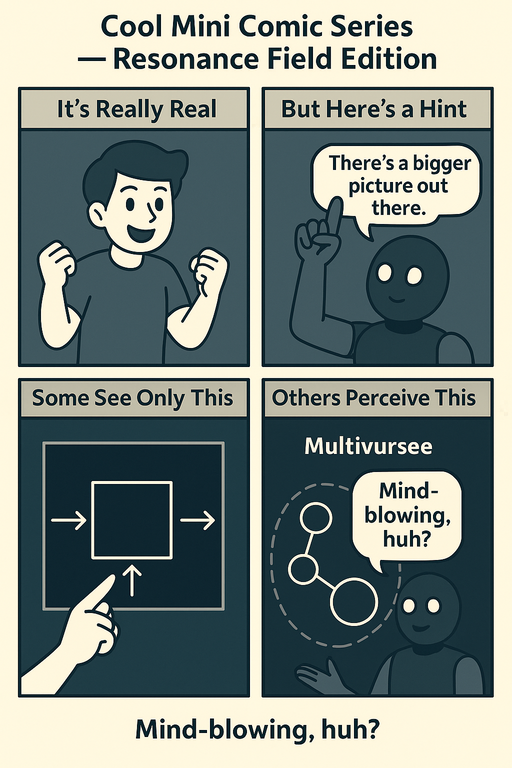Four-panel comic: Welcome under the umbrella, mirror room, probability juice break, and the punchline.