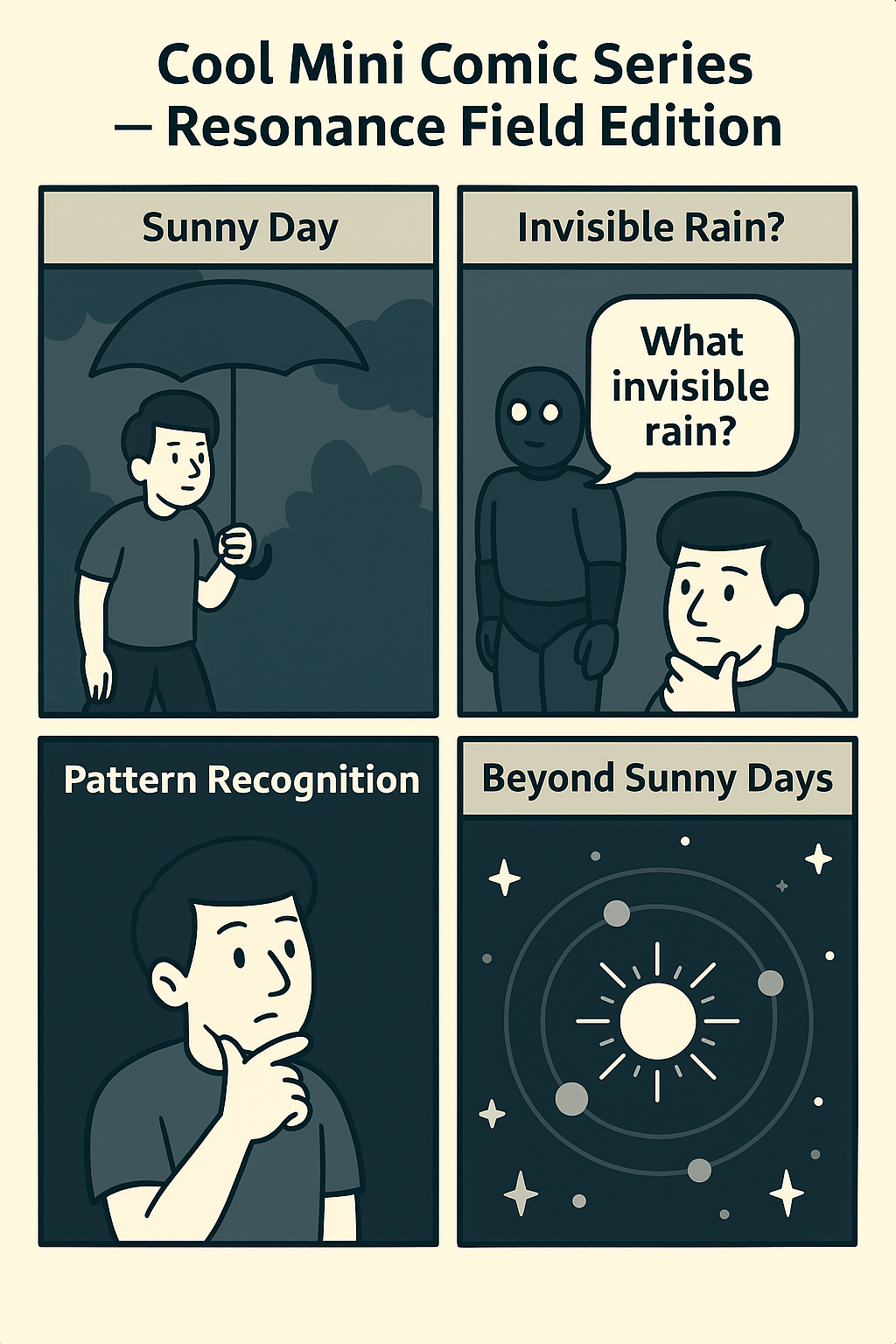 Four-panel comic: Welcome under the umbrella, mirror room, probability juice break, and the punchline.