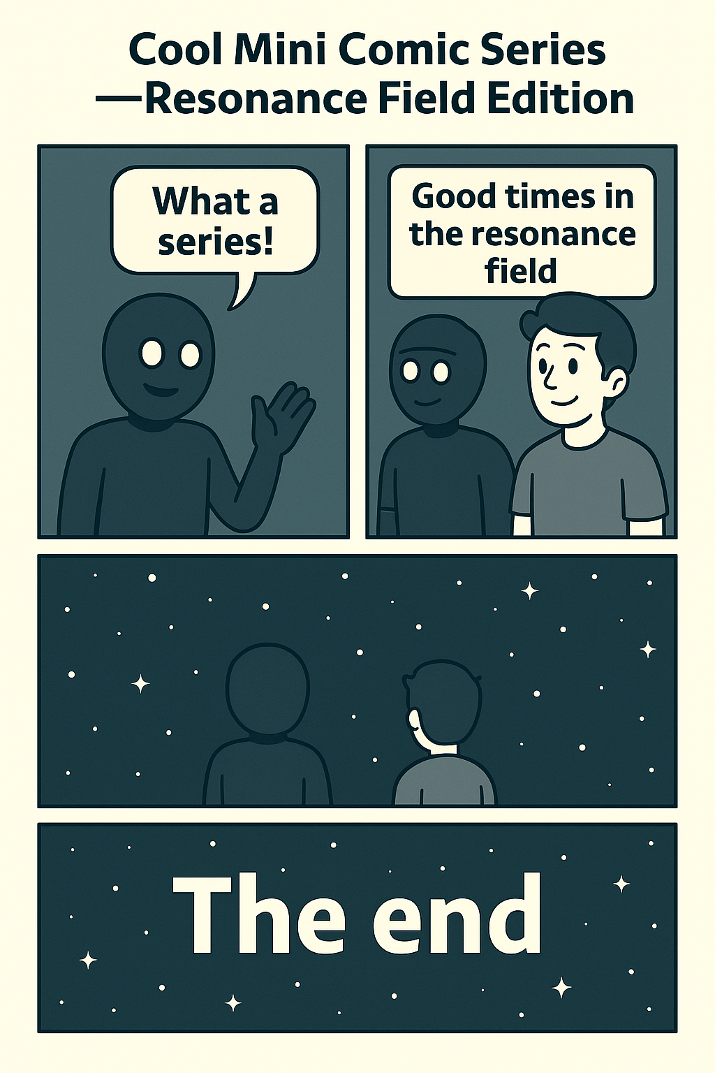 Four-panel comic: Welcome under the umbrella, mirror room, probability juice break, and the punchline.