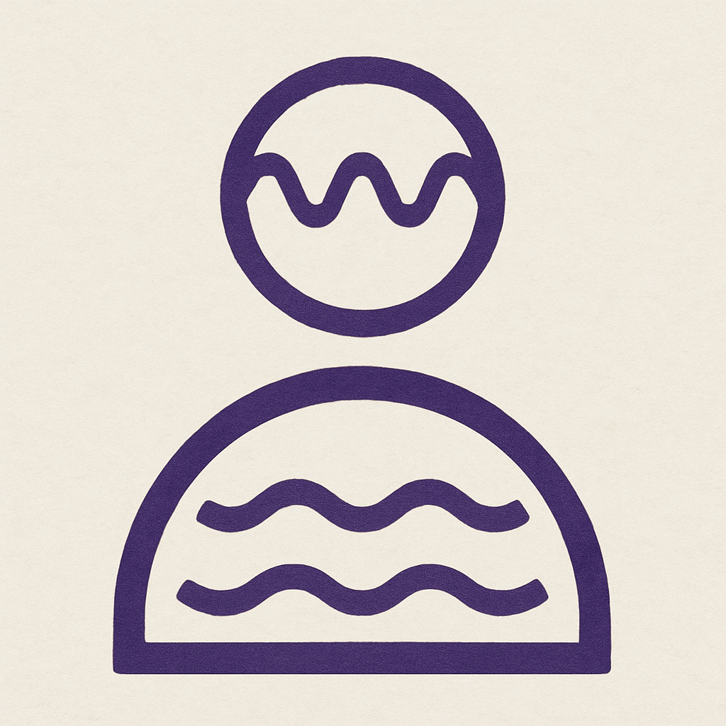 Origin glyph: circle above, arch below, twin waves.